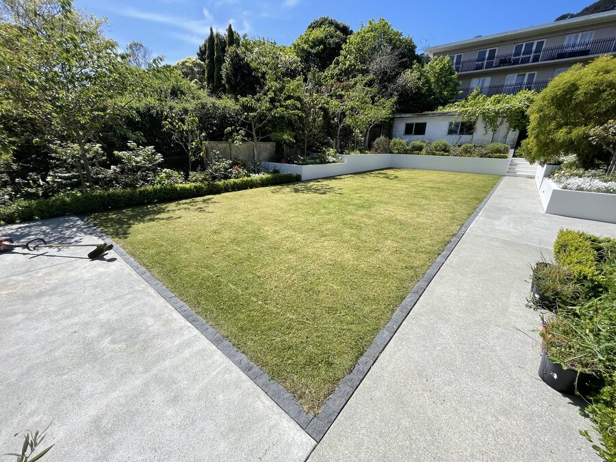 A finished lawn with grey stone edge and white retaining walls
