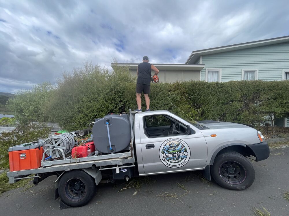 Trimming a tall hedge with a power tool from the top of the truck