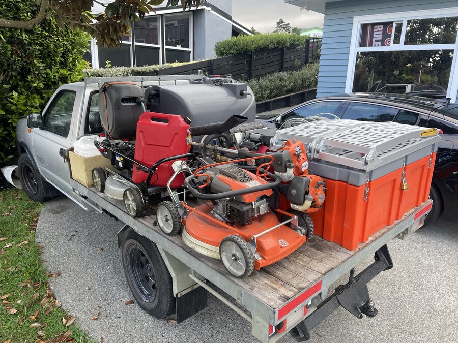 Lawn & Order truck loaded with mowing gear